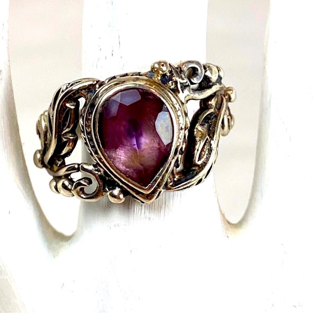 Faceted Amethyst teardrop 925 sterling silver ring gorgeous filigree setting